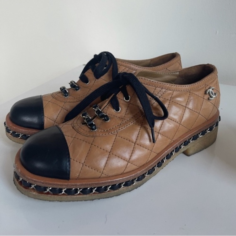 Chanel quilted tan/brown & black leather lace up loafer